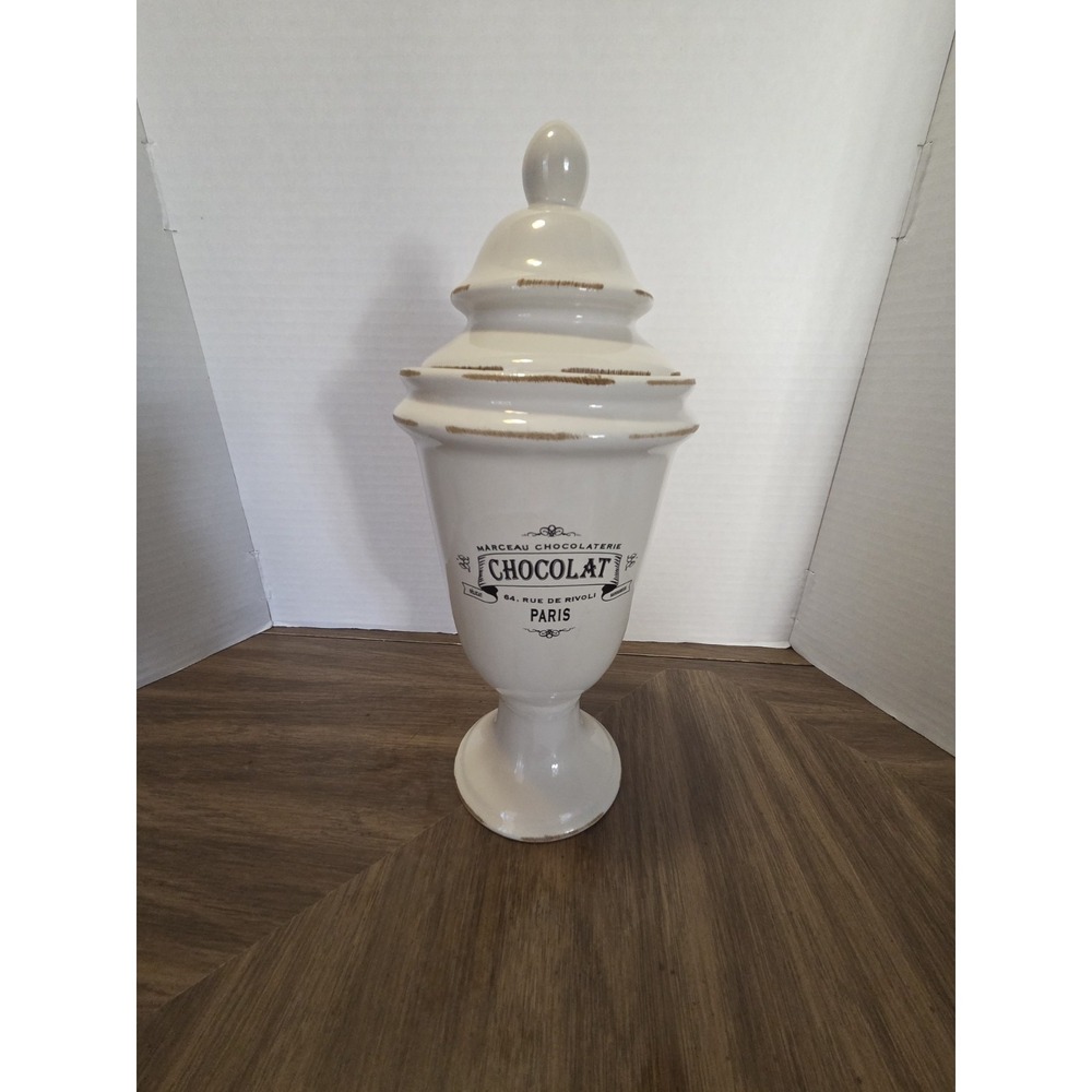 Ceramic Canister Or Apothecary Urn with Lid , Labeled With French Chocolate Labe